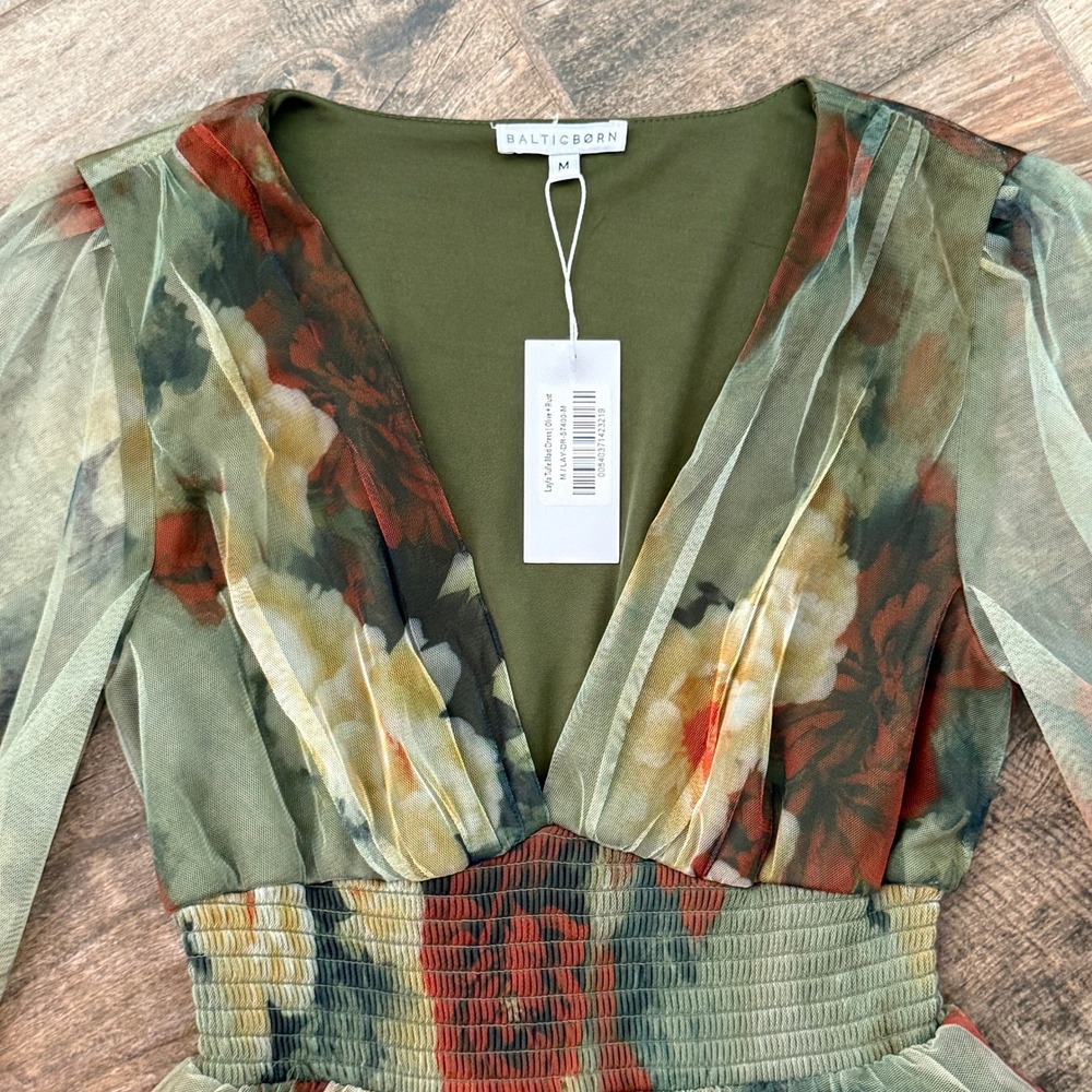 Baltic Born Layla Tulle Maxi Dress Women M Olive Rust NWT Floral Smocked V-Neck - Picture 14 of 15